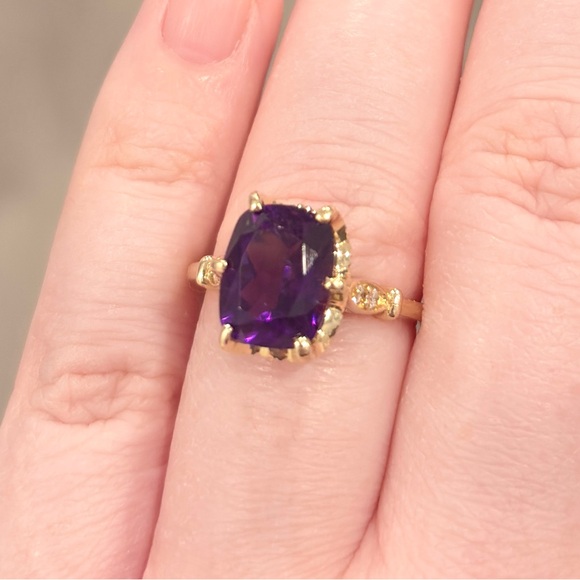 14K Amethyst Diamond Solitaire Ring: Dark Cushion Cut Elegant Milgrain Size 6.5 - Picture 7 of 14